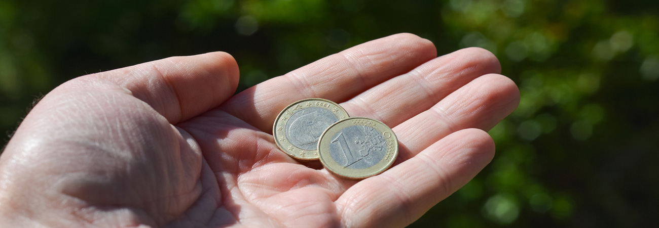 Auf einer geöffneten Hand liegen zwei Ein-Euro-Münzen.