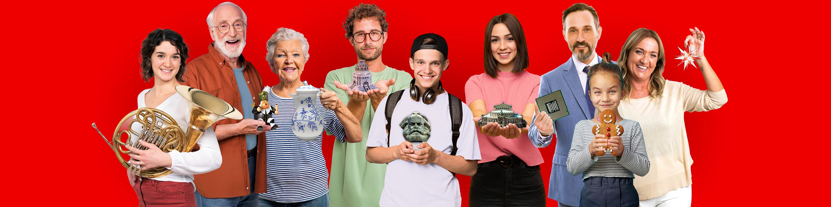 Startseitenmotiv der Sparkassen-Versicherung Sachsen mit verschiedenen Menschen, die Symbole für Auto, Wohnen, Vorsorge und Sparen zeigen.