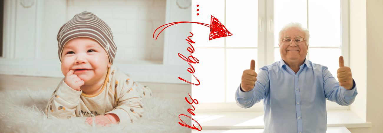 Baby und alter Mann nebeneinander im Bild mit Schriftzug das Leben
