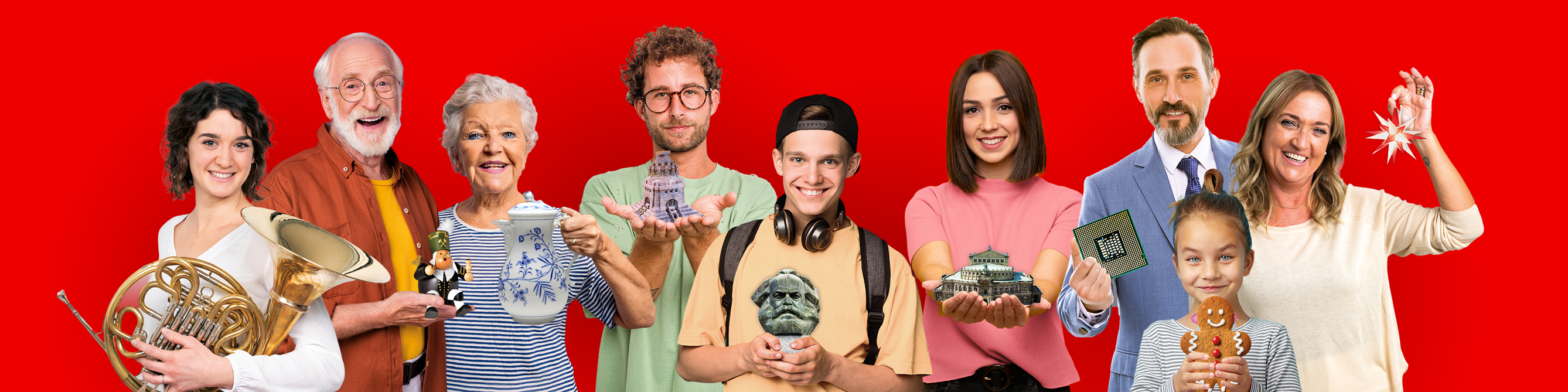 Startseitenmotiv der Sparkassen-Versicherung Sachsen mit verschiedenen Menschen, die Symbole für Auto, Wohnen, Vorsorge und Sparen zeigen.