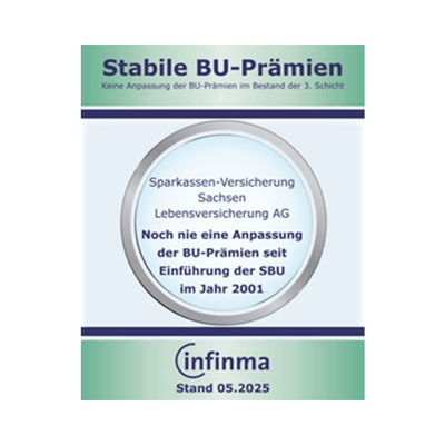 Siegel für konstante Prämien in der Berufsunfähigkeitsversicherung von infinma, dem Institut für Finanz-Markt-Analyse,
