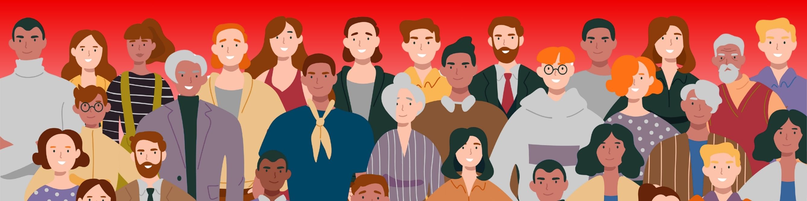 Illustration vieler Menschen unterschiedlichen Alters, Geschlechts und Aussehens vor rotem Hintergrund als Symbol für Vielfalt, Diversität und Chancengleichheit.