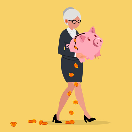 ältere Frau mit Sparschwein aus dem Geld fällt