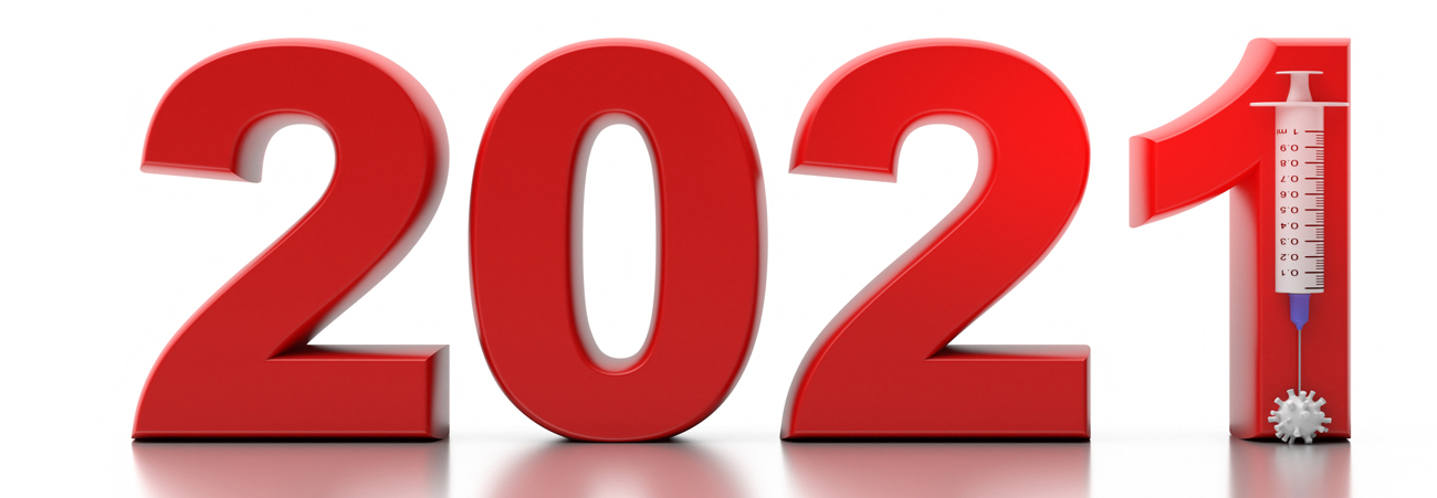 Abbildung der Zahl 2021, wo eine Spritze in der Ziffer Eins steckt.
