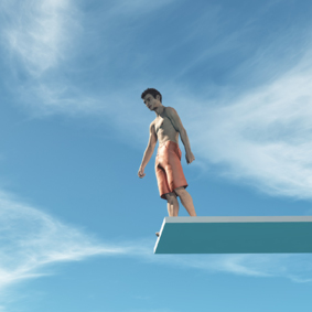 Mann steht auf einem Sprungbrett