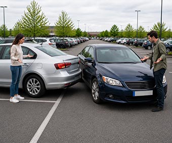 Symbolbild KI-generiert, Parkplatzunfall zwischen zwei Autos mit zwei Beteiligten