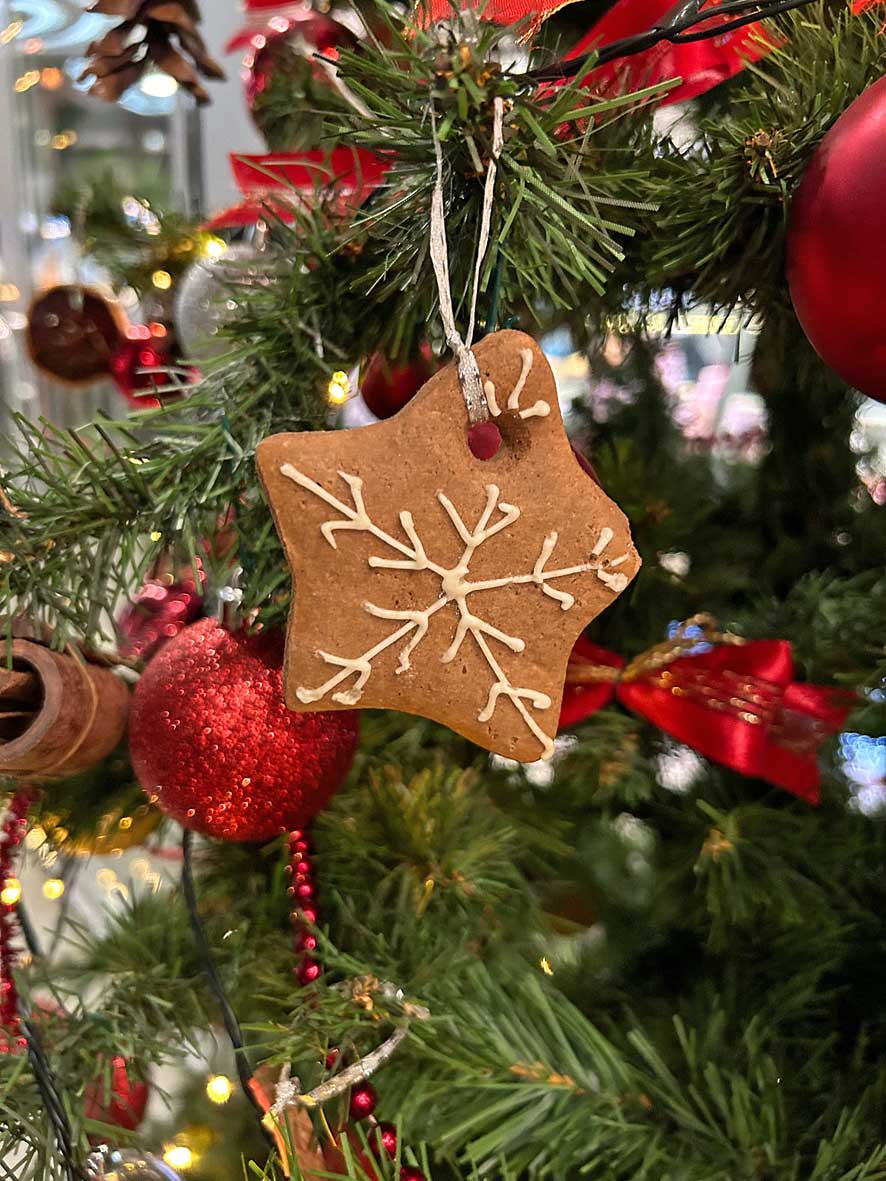 Pfefferkuchenstern hängt am Weihnachtsbaum