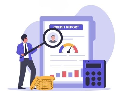 Illustration einer Person, die mit einer Lupe einen Bericht zur Bonität prüft