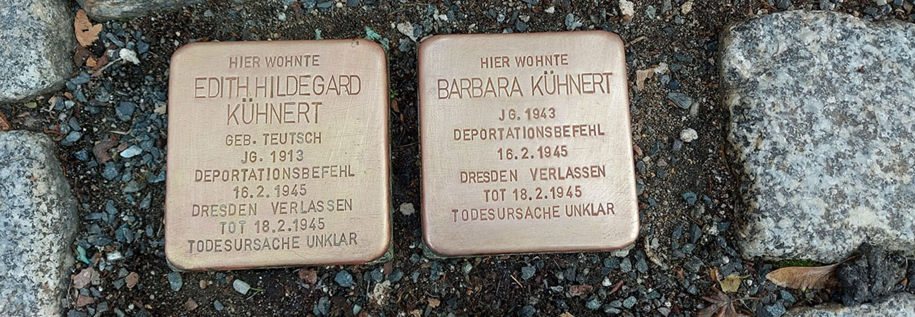 zwei glänzende stolpersteine auf fußweg