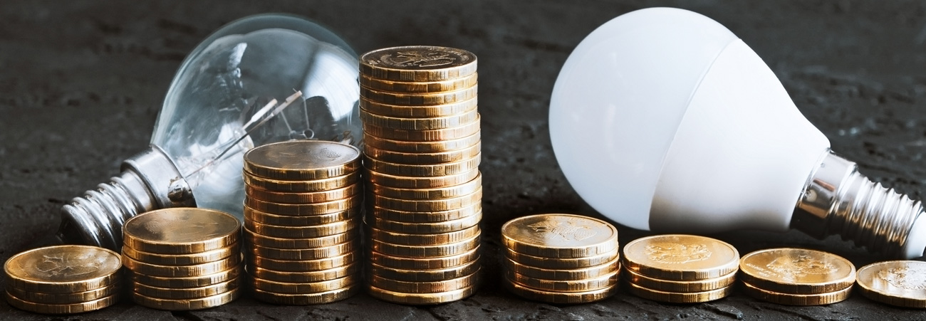 Energiesparlampe und alte Glühbirne liegen mit Geldmünzen auf einem Tisch.